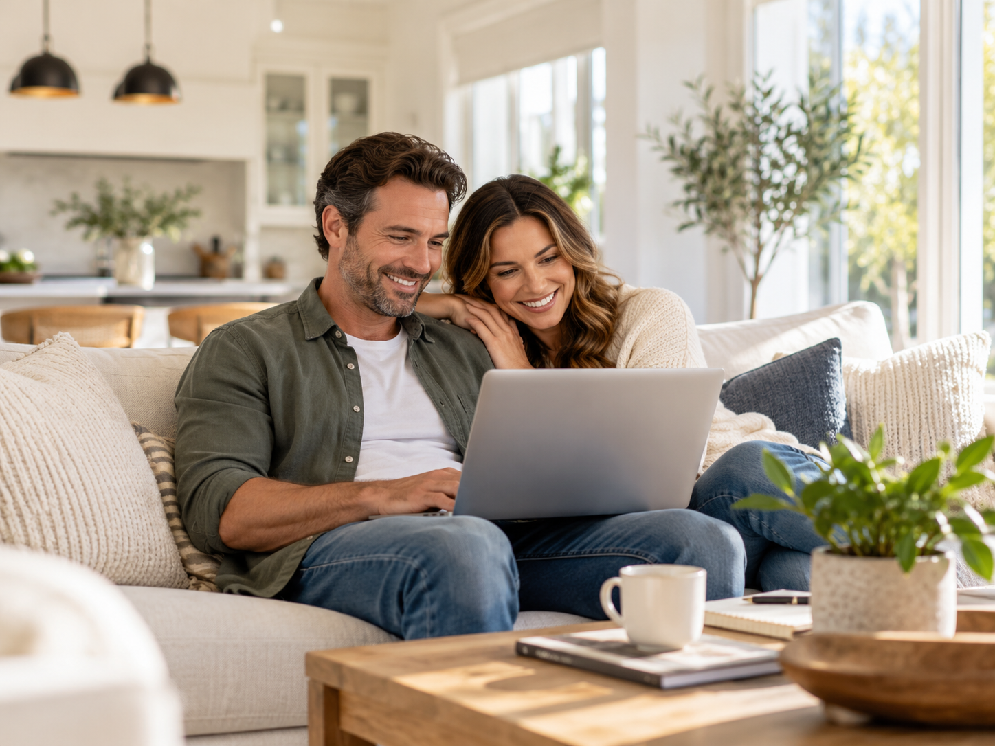 A smiling couple at home looking at a tablet together while reviewing homeowner service options.