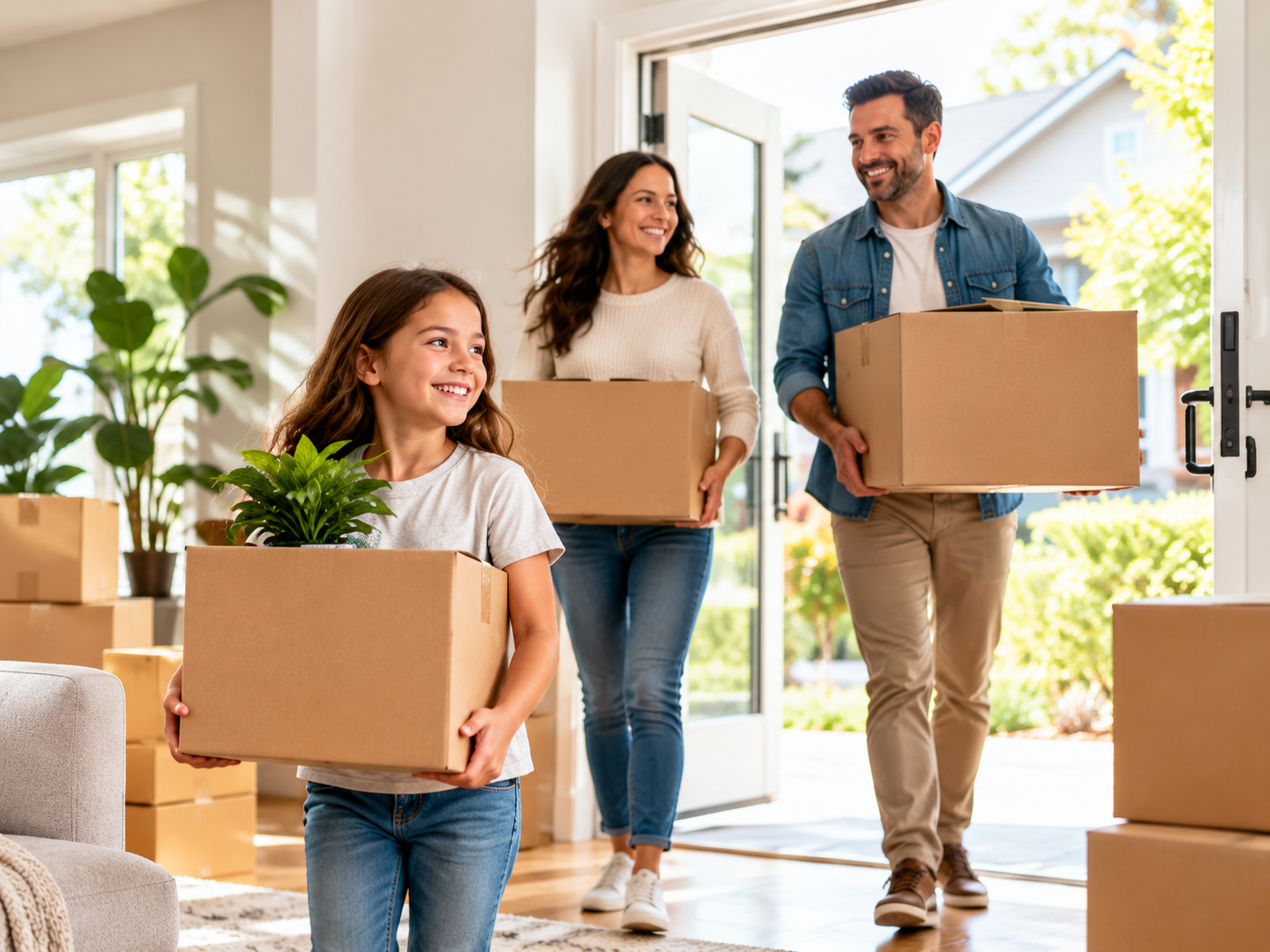 Family carrying moving boxes into their new home on moving day