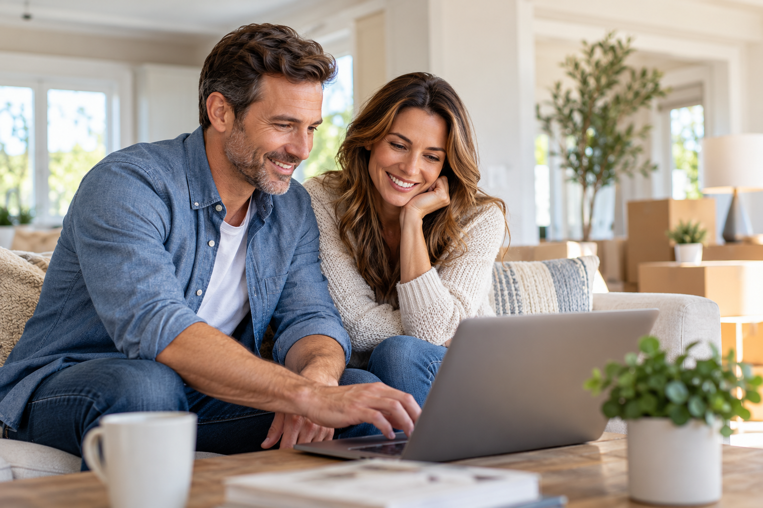 Couple using a laptop together after moving into their new home